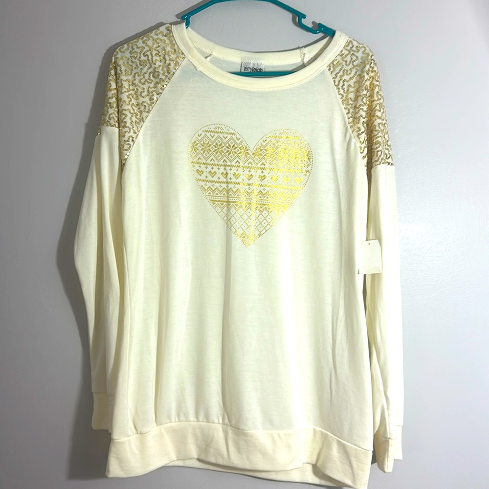 Jerry Leigh cream / Gold heart crewneck lightweight sweatshirt size L NWT